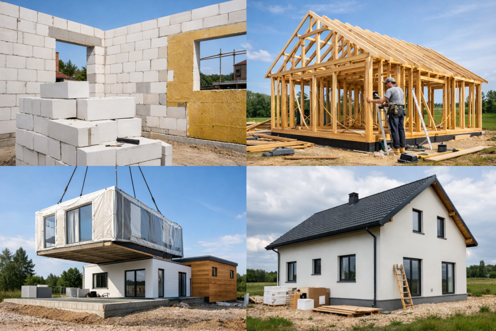 Na obrazie widzimy nowoczesny, dwukondygnacyjny dom jednorodzinny w trakcie wykończenia lub lekkiej budowy