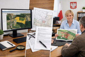 Obraz jest kolażem składającym się z trzech głównych części, które przedstawiają proces planowania przestrzennego, analizy gruntów lub pracy urzędowej związanej z nieruchomościami