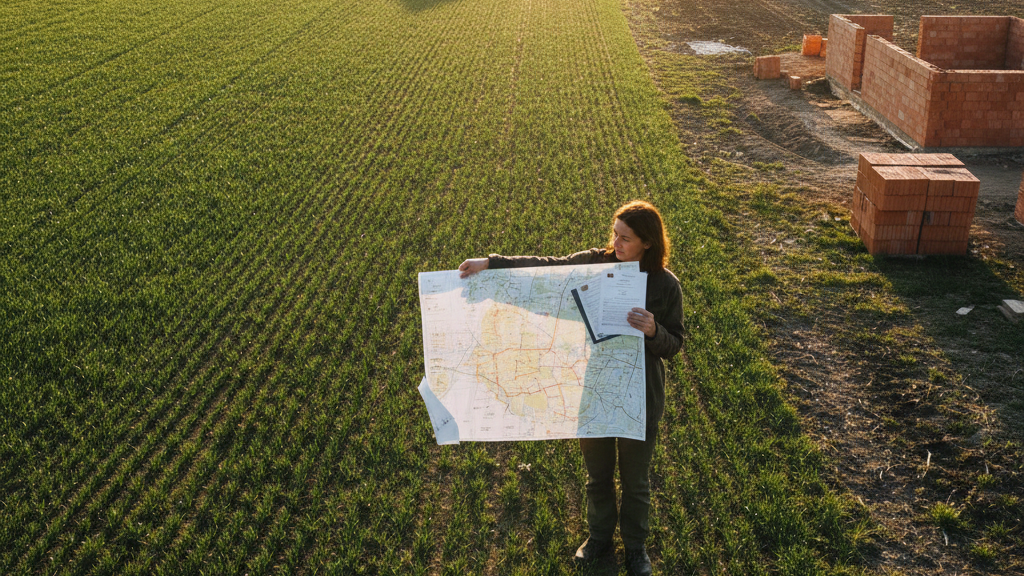 Obraz przedstawia realistyczną scenę na przedmieściach lub terenach wiejskich w Polsce, uchwyconą w ciepłym świetle późnego popołudnia