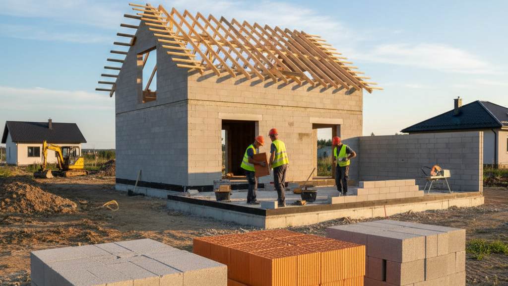 Obraz przedstawia plac budowy domu jednorodzinnego w pogodny, słoneczny dzień