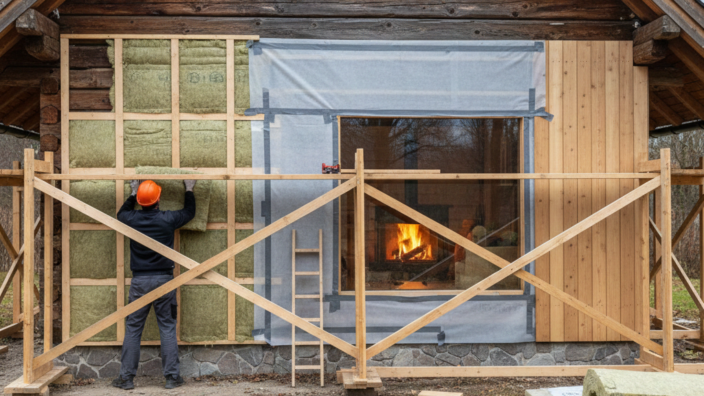 Grafika przedstawia elewację klasycznego domu z grubych, ciemnych bali w trakcie prac termomodernizacyjnych