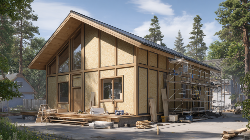 Ten obraz przedstawia współczesną budowę lub gruntowną termomodernizację domu o konstrukcji drewnianej