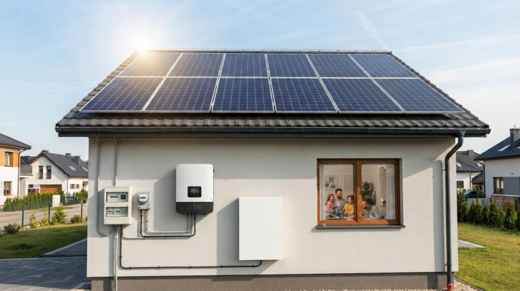Na obrazku widać nowoczesny dom jednorodzinny wyposażony w instalację fotowoltaiczną i magazyn energii