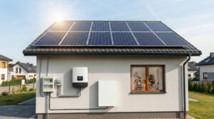 Na obrazku widać nowoczesny dom jednorodzinny wyposażony w instalację fotowoltaiczną i magazyn energii