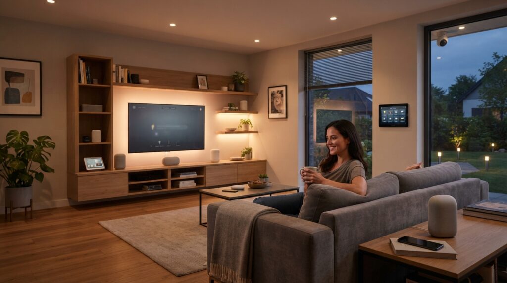 Na tym obrazie przedstawiającym nowoczesny, realistyczny system Smart Home w salonie widać