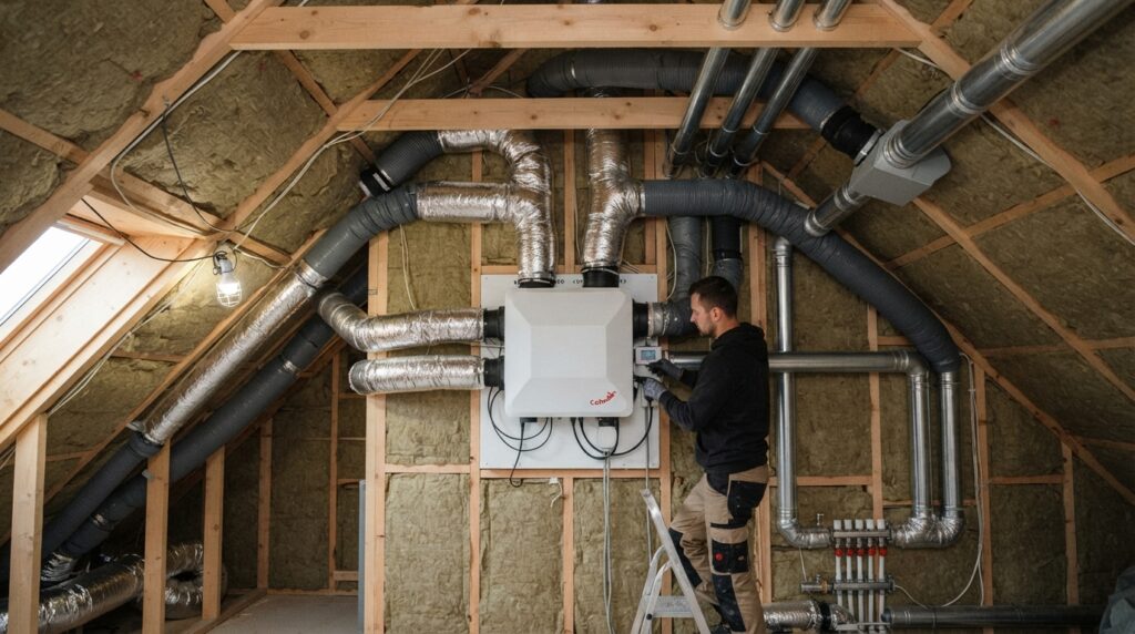 Na tym obrazie widać realistyczną scenę montażu i instalacji systemu rekuperacji (wentylacji mechanicznej z odzyskiem ciepła) na poddaszu domu jednorodzinnego