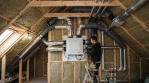 Na tym obrazie widać realistyczną scenę montażu i instalacji systemu rekuperacji (wentylacji mechanicznej z odzyskiem ciepła) na poddaszu domu jednorodzinnego